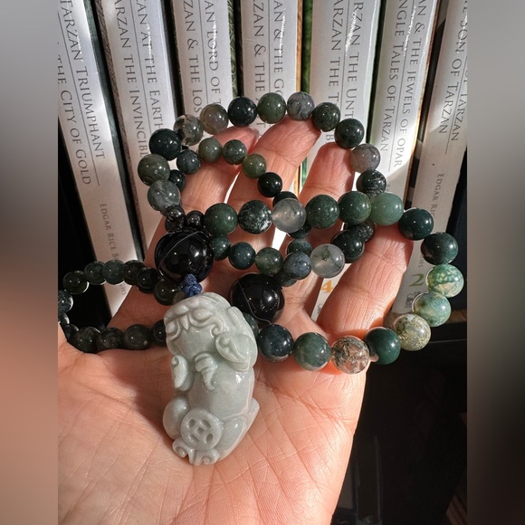 MOSS AGATE + ONYX + PIXIU JADE STONES NATURAL NECKLACE - Picture 14 of 14